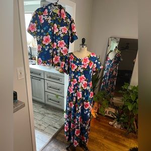 Ui-Maikai Vintage Honeymoon Dress & Shirt Barkcloth Hawaiian Hibiscus Waterfall